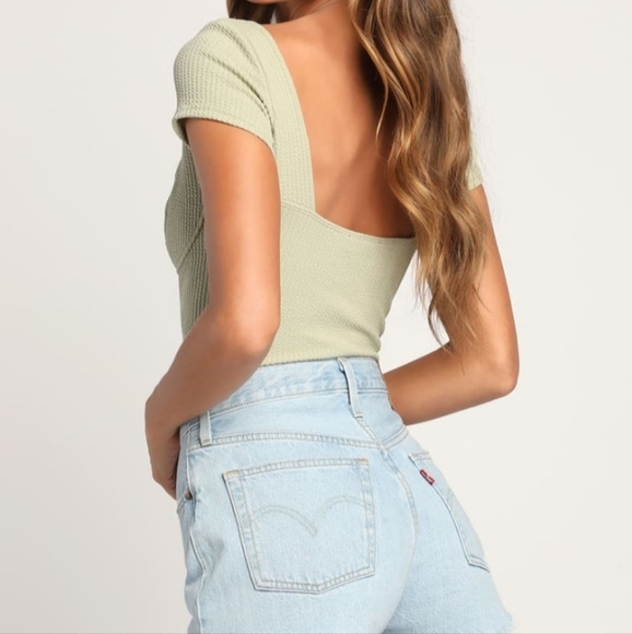 Lulu's Thriving Trend Sage Green Ribbed Cap Sleeve Bustier Bodysuit - Picture 5 of 6